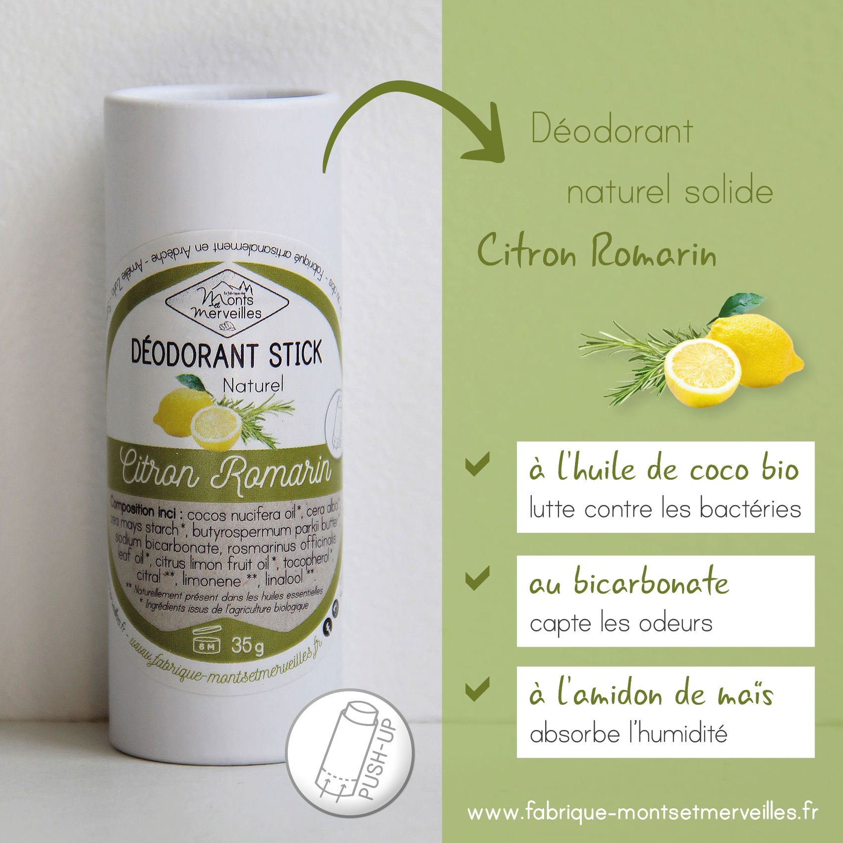 Déodorant solide naturel en STICK Citron Romarin – 35g