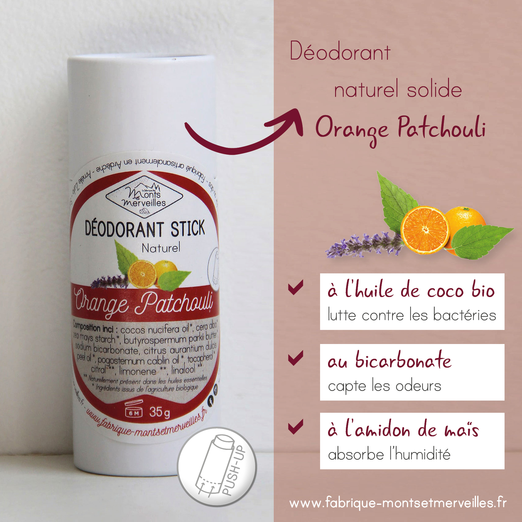 Déodorant solide naturel en STICK Orange Patchouli – 35g